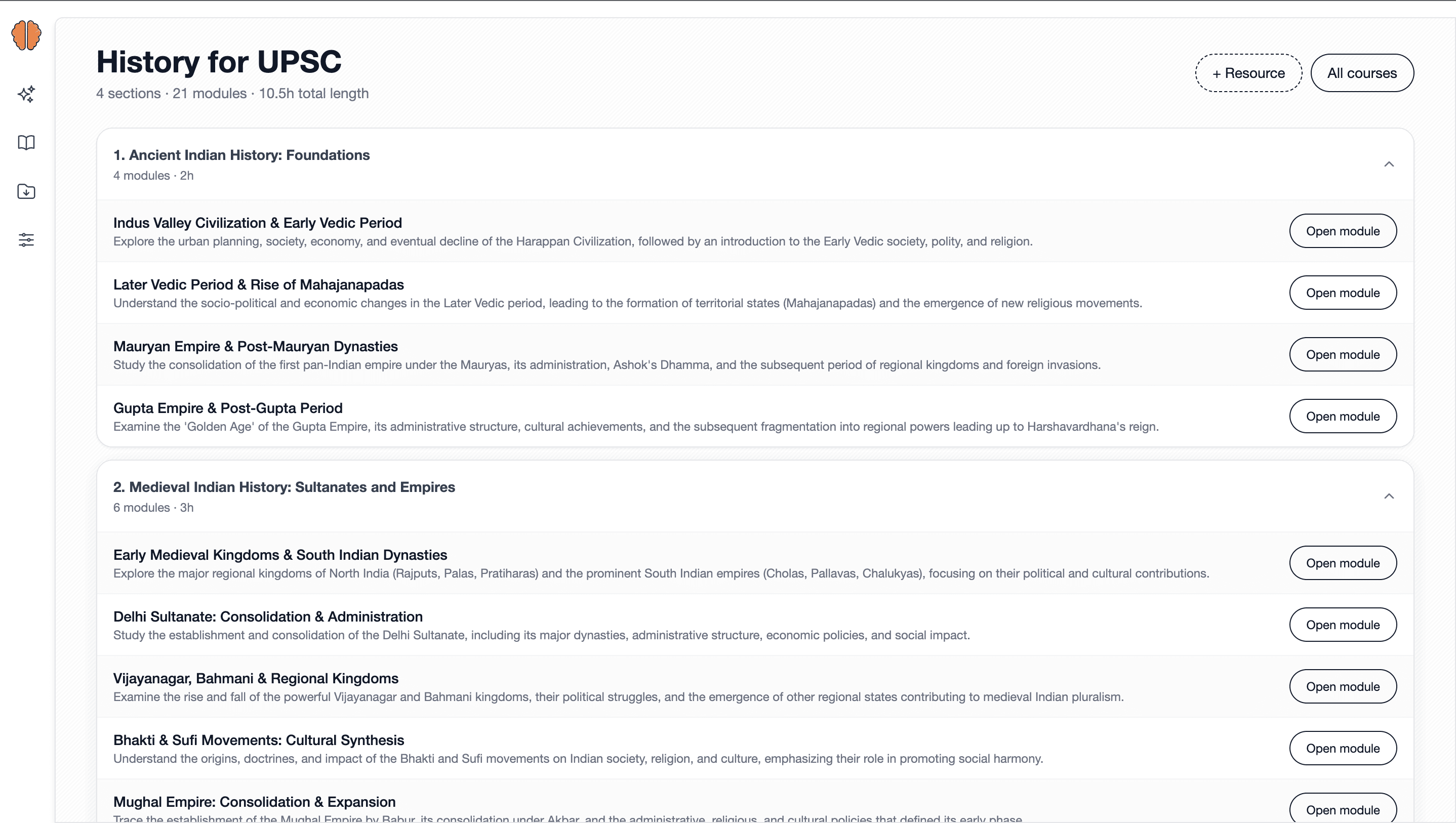 SensAI course view with modules for a UPSC history journey.